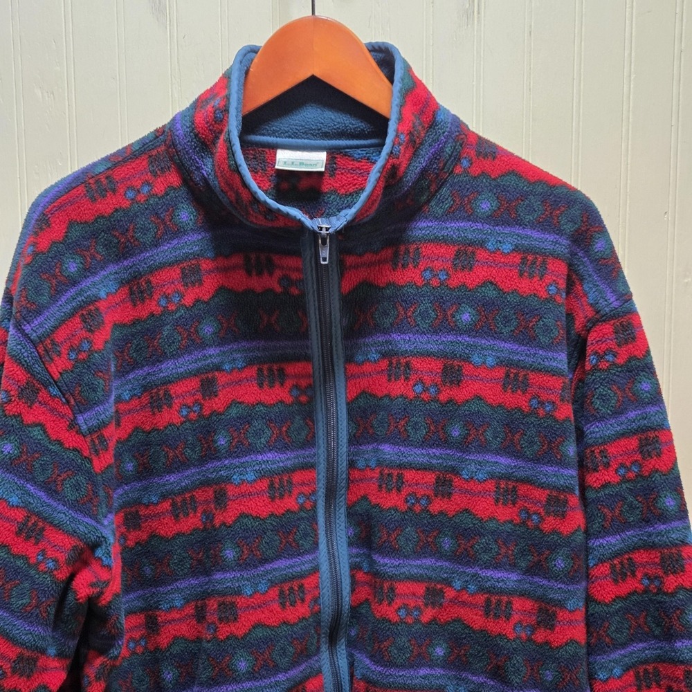 Vintage L.L. Bean Jacket Mens Large Aztec Fleece Full Zip Stand Collar Print 90s